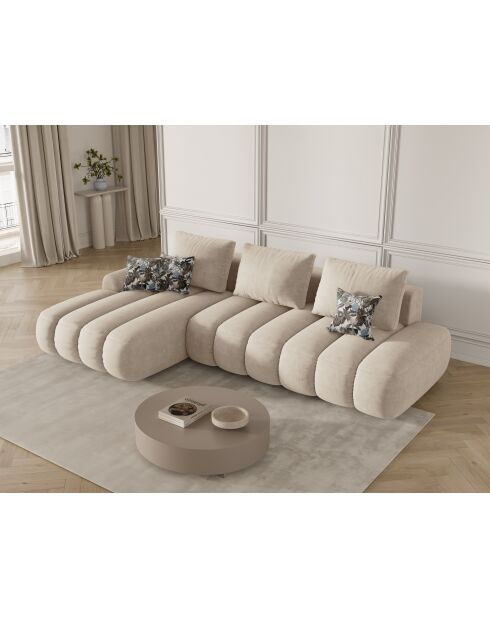 Canapé d'angle gauche velours convertible avec coffre de rangement Simona 4 places beige clair - 275x142x84 cm