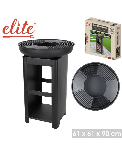 Elite schwarzer Barbecue-Grill mit Holzhalter - D.61 cm