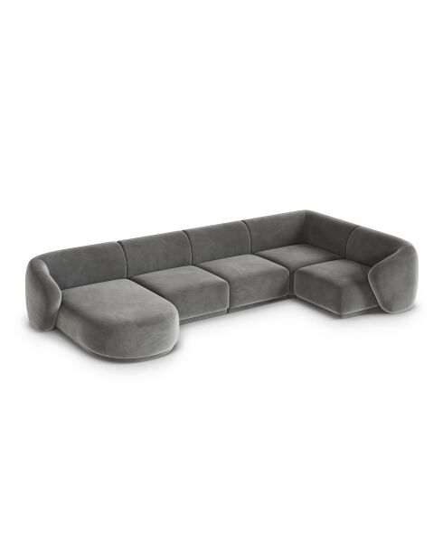 Canapé d'angle panoramique (côté droit) velours Louis 6 places gris - 336x166x74 cm