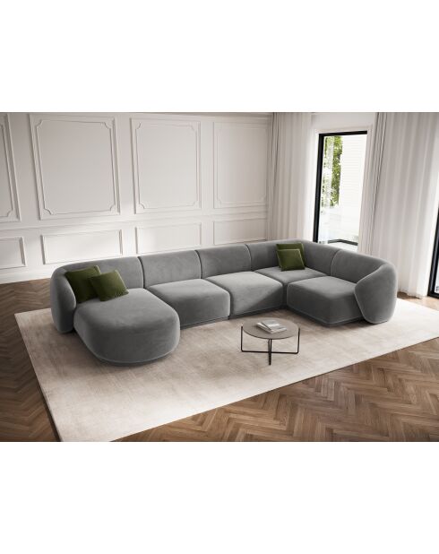Canapé d'angle panoramique (côté droit) velours Louis 6 places gris - 336x166x74 cm
