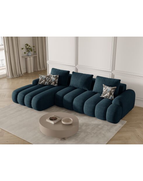 Canapé d'angle gauche velours convertible avec coffre de rangement Simona 3 places pétrole profond - 275x142x84 cm