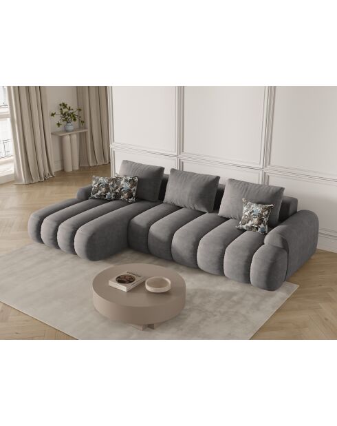 Canapé d'angle gauche velours convertible avec coffre de rangement Simona 3 places gris - 275x142x84 cm