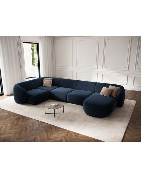 Canapé d'angle panoramique (côté gauche) velours Louis 6 places bleu roi - 336x166x74 cm