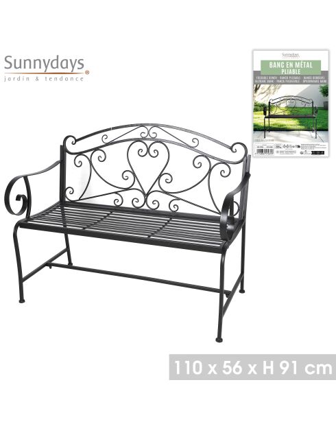 Banc en métal Mon jardin pliable noir - 110x56x9cm