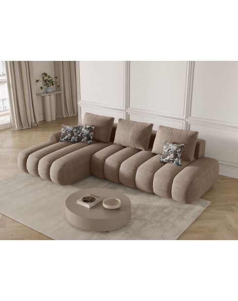 Canapé d'angle gauche velours convertible avec coffre de rangement Simona 4 places beige foncé - 275x142x84 cm