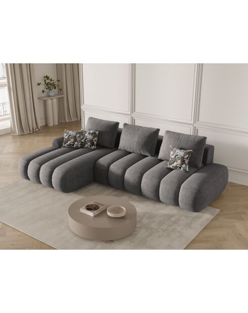 Simona 4-zits grijze converteerbare fluwelen linkerhoekbank met opbergbox - 275x142x84 cm