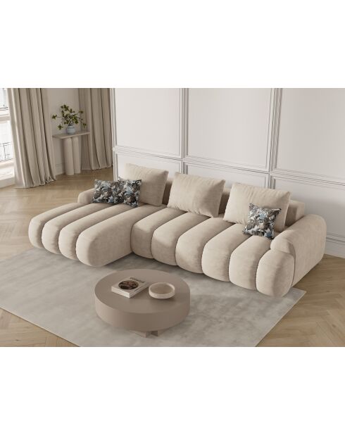 Canapé d'angle gauche velours convertible avec coffre de rangement Simona 3 places beige clair - 275x142x84 cm