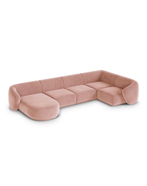 Canapé d'angle panoramique (côté droit) velours Louis 6 places rose - 336x166x74 cm