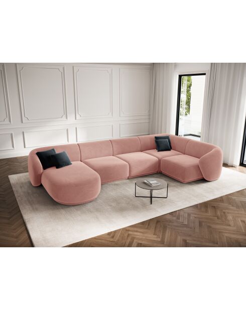 Canapé d'angle panoramique (côté droit) velours Louis 6 places rose - 336x166x74 cm