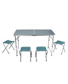 Opvouwbare campingtafel met 4 blauwgrijze aluminium krukken - 120x60x70 cm
