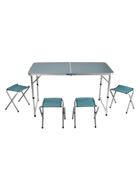 Faltbarer Campingtisch mit 4 blaugrauen Aluminiumhockern - 120x60x70 cm