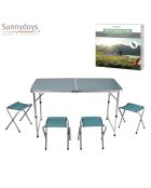 Opvouwbare campingtafel met 4 blauwgrijze aluminium krukken - 120x60x70 cm