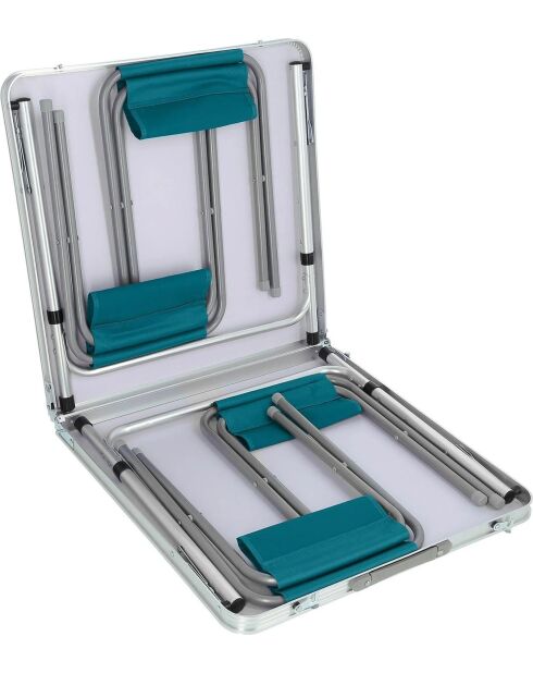 Faltbarer Campingtisch mit 4 blaugrauen Aluminiumhockern - 120x60x70 cm