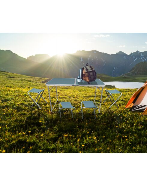 Faltbarer Campingtisch mit 4 blaugrauen Aluminiumhockern - 120x60x70 cm