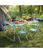 Opvouwbare campingtafel met 4 blauwgrijze aluminium krukken - 120x60x70 cm