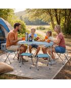 Opvouwbare campingtafel met 4 blauwgrijze aluminium krukken - 120x60x70 cm