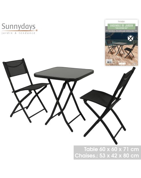 Ensemble de jardin, table et 2 chaises pliables Rio noir - 39x50x93cm