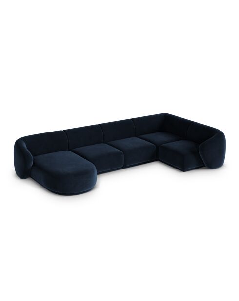 Canapé d'angle panoramique (côté droit) velours Louis 6 places bleu roi - 336x166x74 cm