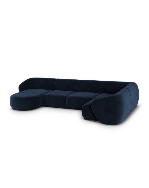 Canapé d'angle panoramique (côté droit) velours Louis 6 places bleu roi - 336x166x74 cm