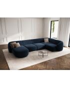 Canapé d'angle panoramique (côté droit) velours Louis 6 places bleu roi - 336x166x74 cm