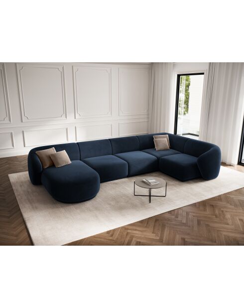 Canapé d'angle panoramique (côté droit) velours Louis 6 places bleu roi - 336x166x74 cm