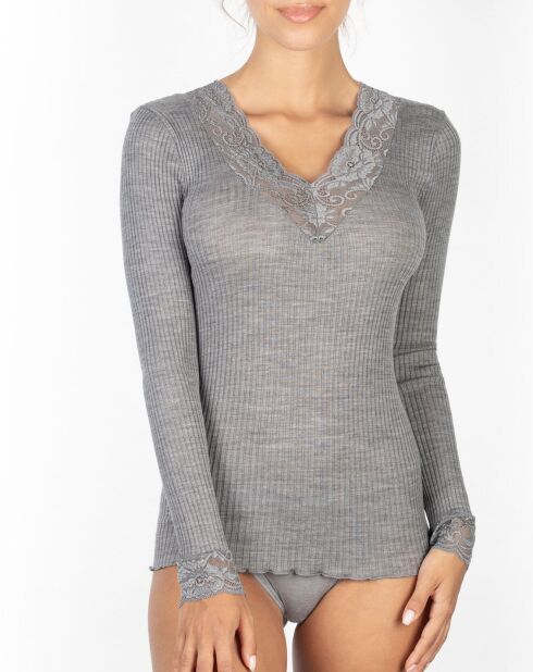 Top en Laine & Microfibre col V Dentelle argenté