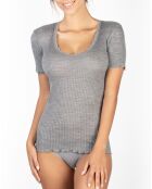 Graues Spitzenoberteil mit V-Ausschnitt aus Wolle und Mikrofaser