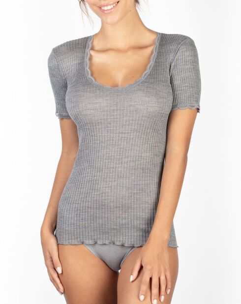 Graues Spitzenoberteil mit V-Ausschnitt aus Wolle und Mikrofaser