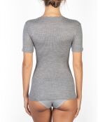 Graues Spitzenoberteil mit V-Ausschnitt aus Wolle und Mikrofaser