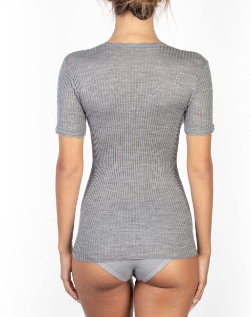 Graues Spitzenoberteil mit V-Ausschnitt aus Wolle und Mikrofaser