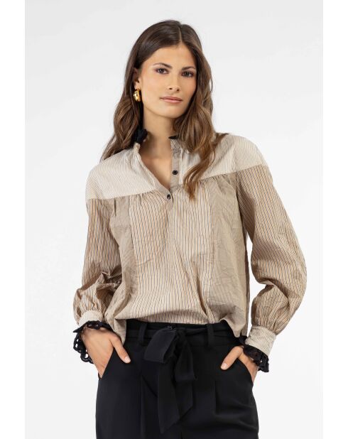 Mattie beige gestreepte blouse van katoen met trilogie