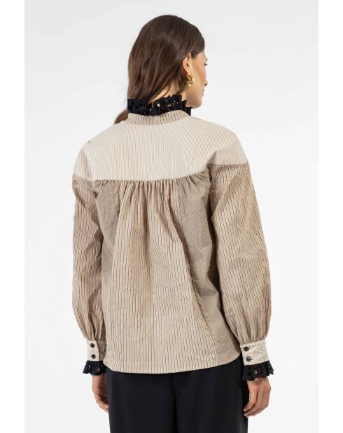 Mattie beige gestreepte blouse van katoen met trilogie