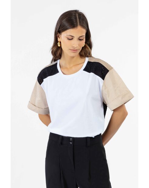 Top Erin duo in cotone a righe bianco/ricamato