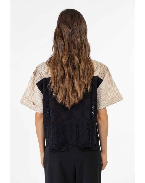 Top Erin duo in cotone a righe bianco/ricamato