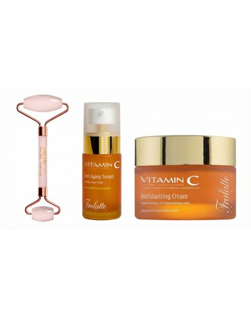 Essentieel gezichtstrio — vitamine C en verstevigende behandeling + verstevigende gezichtsroller + vitamine C hydraterende dagcrème + vitamine C anti-aging gezichtsserum
