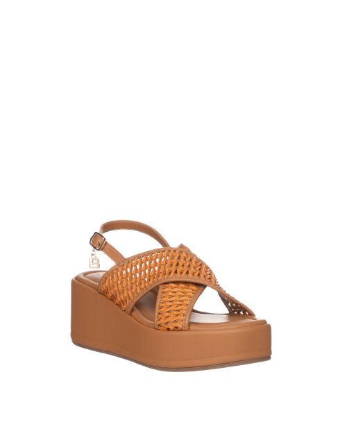 Sandales Charles en cuir raffia cognac - Talon : 7 cm
