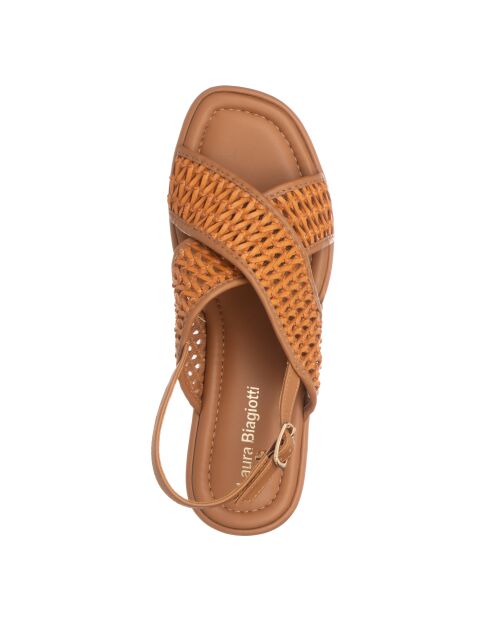 Sandales Charles en cuir raffia cognac - Talon : 7 cm