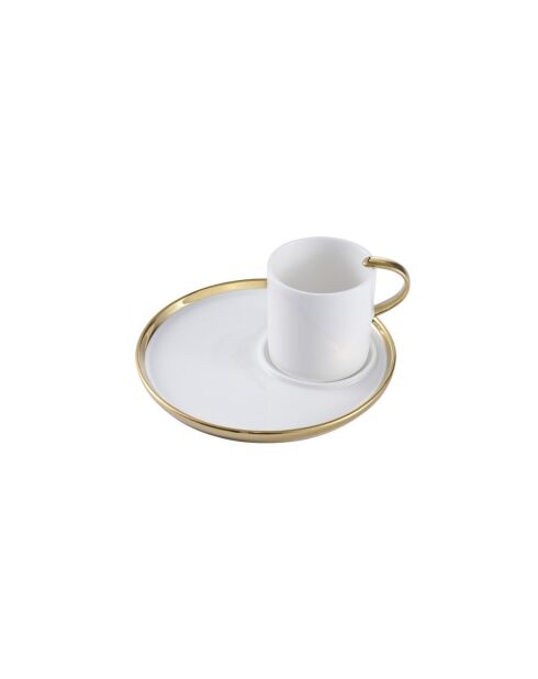 Taza y plato de capuchino blanco y dorado para amantes del café, 19,7 x 19,7 x 10,2 cm