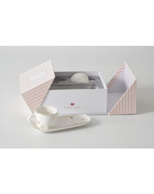 Juego de 2 tazas y platillos de espresso Heart To Heart, color blanco y dorado