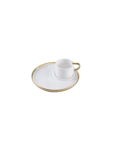 Taza y plato de capuchino blanco y dorado para amantes del café, 16,5 x 16,5 x 7,6 cm