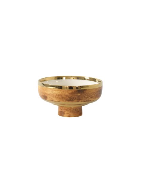 Cuenco pequeño de madera sobre soporte, madera blanca y dorada
