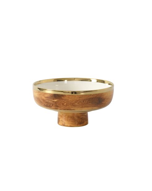 Cuenco con soporte de madera blanca y dorado