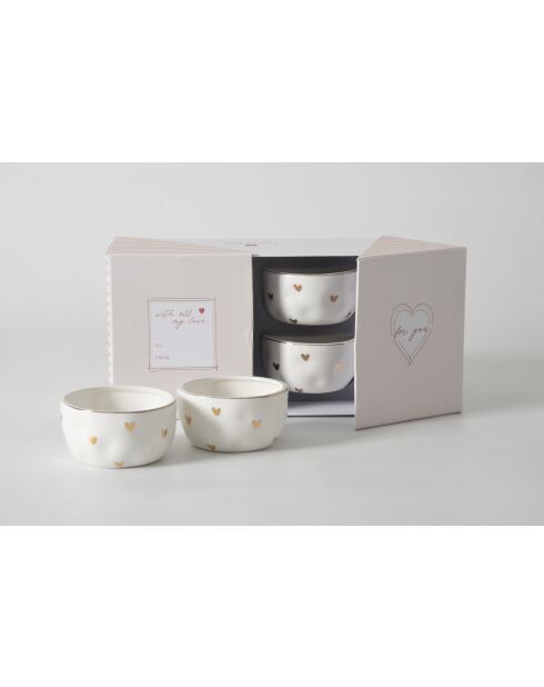 Set de 4 tazones de aperitivo en forma de corazón blanco y dorado