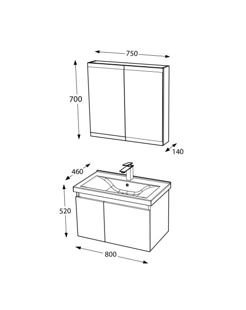 Ensemble de meubles de salle de bain (2 pièces) Abra 80 pin blanc - 60x70x14cm