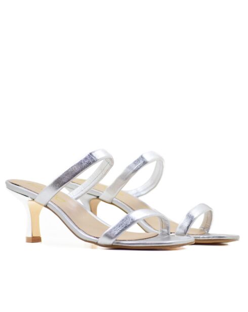 CA-1871 muiltjes met hak van zilverkleurig metallic leer - Hak: 6 cm