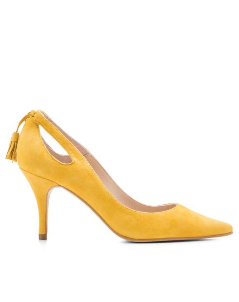 14786 Pumps van mosterdkleurig suède met mesh - Hak: 7 cm