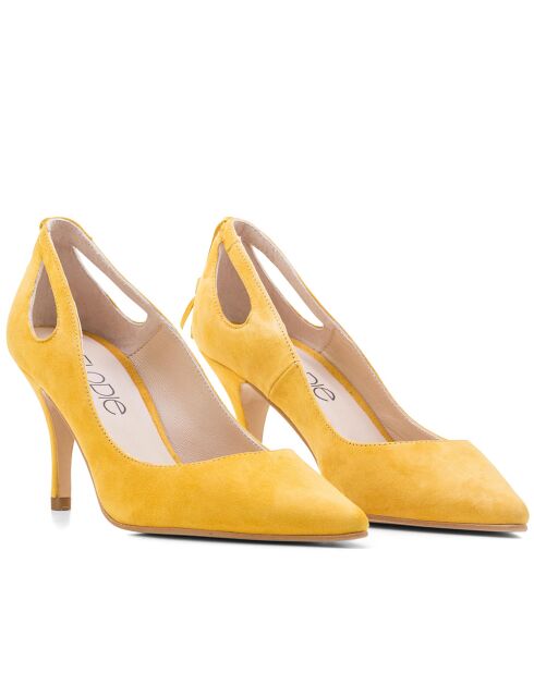 14786 Pumps van mosterdkleurig suède met mesh - Hak: 7 cm