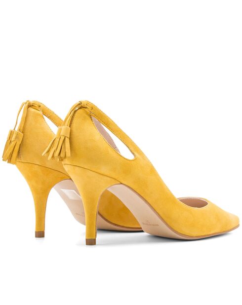 14786 Pumps van mosterdkleurig suède met mesh - Hak: 7 cm