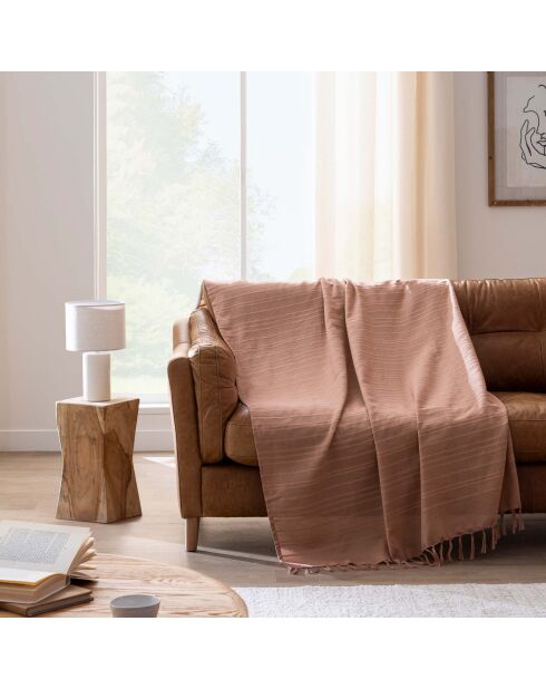 Plaid Lilia aus mokkafarbenem Baumwollstoff mit Fransen - 240x260 cm