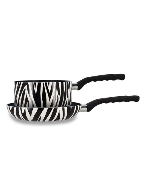 Juego de sartenes y cacerolas de aluminio Zebra con revestimiento cerámico blanco y negro, 24 cm de diámetro y 18 cm de diámetro